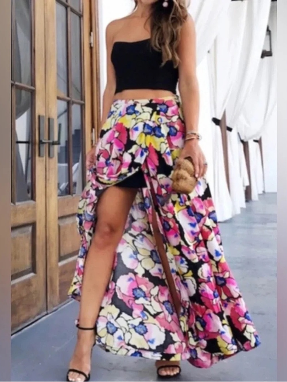 Free People Hot Tropics Maxi Skirt Bold Floral Boho High Slit Pockets Size 4